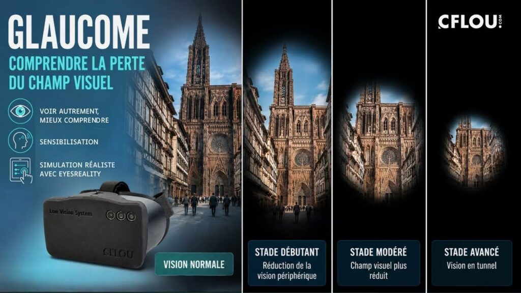 Glaucome, comprendre la perte du champ visuel : simulation devant la cathédrale de Strasbourg avec Eyes Reality, en vision normale puis aux stades débutant (réduction de la vision périphérique), modéré (champ visuel plus réduit) et avancé (vision en tunnel).